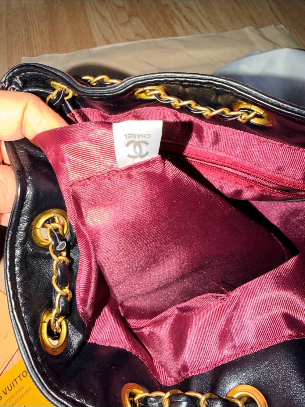Brown Suede & Black Leather Drawstring Shoulder Bag with Gold Hardware - Picture 3 of 4